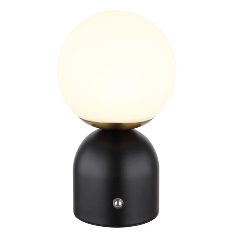 Nabíjateľná stolová lampa, kov čierny, mosadz, plast biely, stmievateľné, dotykový stmievač, nastave