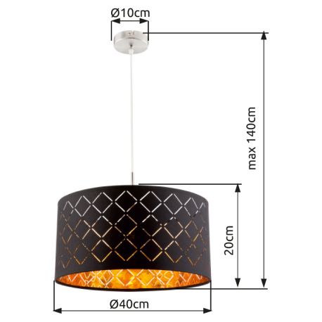 Závesné svietidlo, kov nikel matný, tkanina zlato-čierna, tienidlo s ozdobným dierovaním, Ø 400, V:1 4