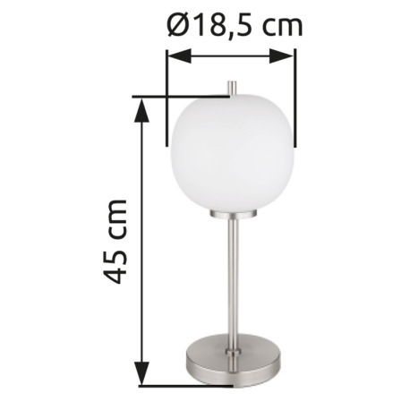 Stolná lampa kov nikel matný, sklo biele, vypínač na kábli, ø: 185mm, V: 450mm, dĺžka kábla 1500mm, 14