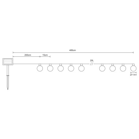 Solárna reťaz, plast čierny, plast priehľadný, plast čierny, vypínač, akumulátor AA 600mAh 1.2V, IP4 8