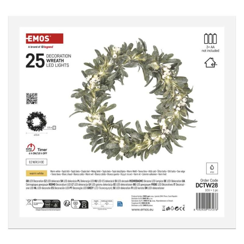 LED dekorácia - veniec z imela, 3x AA, teplá biela, časovač 8