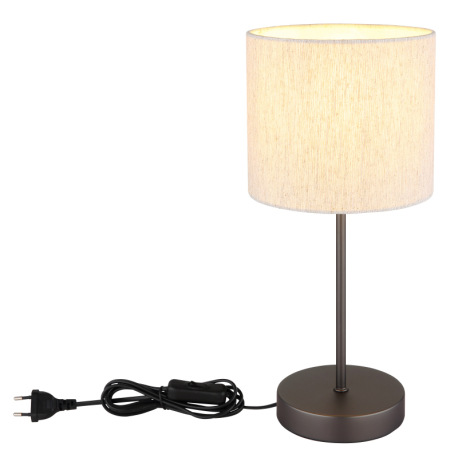Stolová lampa, kov, čierna a chrómová matná, ľanová krémová, PVC kábel, kolískový vypínač na kábli, 6