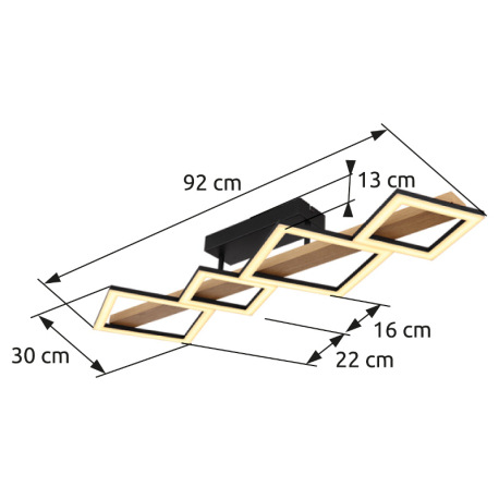 Stropné svietidlo kov čierny mat, MDF imitácia dreva, ABS čierny mat, plast biely, DxŠxV: 920x300x13 18