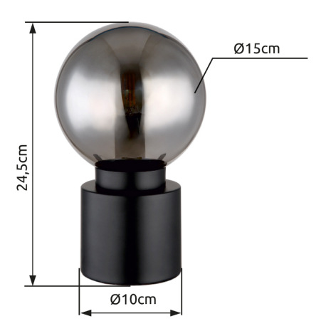 Stolová lampa, kov čierny matný, kov mosadz, sklo dymové, kolískový vypínač na kábli, ø:150mm, V: 24 7
