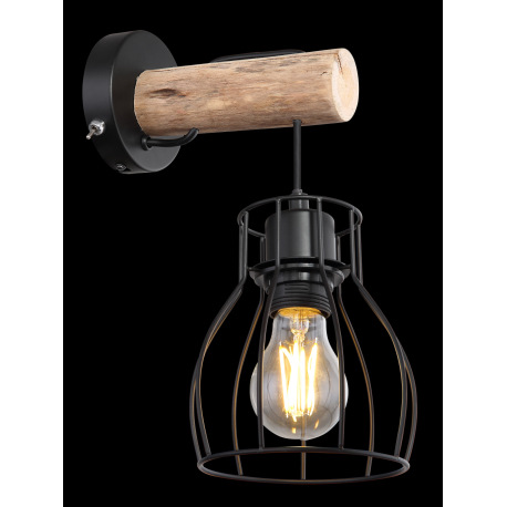 Nástenné svietidlo, čierny kov, drevo, vypínač, ŠxV:135x300, H: 215, bez žiarovky 1xE27, max. 40W 23 2