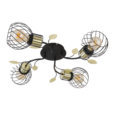 Stropné svietidlo, kov čierny a mosadzný, s dekoratívnymi listami, Ø580, V:165, bez žiaroviek 4xE27, 12