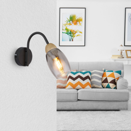 Nástenné svietidlo kov čierny matný, sklo dymové, kov imitácia dreva, smer svetla: nadol, ŠxV: 80x17 1