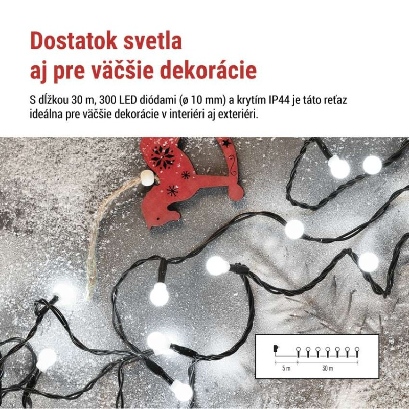 LED vianočná cherry reťaz–guličky, 30 m,vonkajšia aj vnútorná,studená biela, programy, čas 1