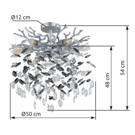 Stropné svietidlo, kov strieborná matná farba, sklenené krištále dymová farba, číre, flexo na objímk 12