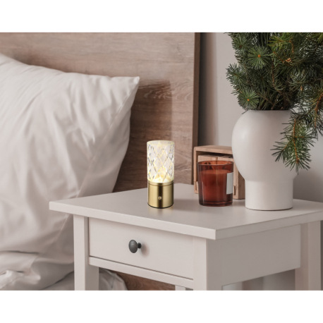 Nabíjateľná stolová lampa, kov mosadz, akryl číry, kábel PVC čierny, dotykové zapnutie/vypnutie, stm 1