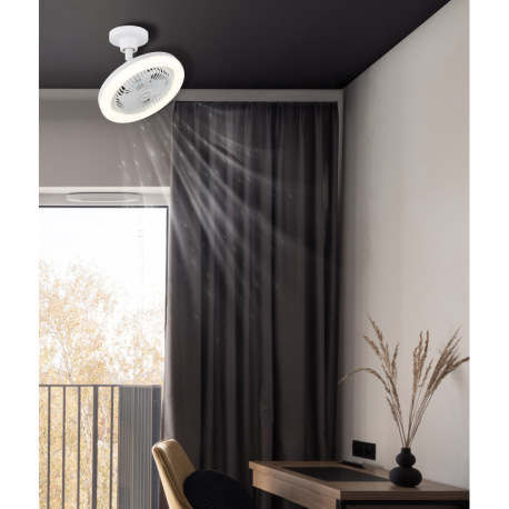 Stropný ventilátor, plast biely matný/priehľadný, stmievateľný, viacero rýchlostí pomocou nástenného 12