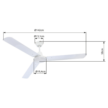 Stropný ventilátor, kov biely, 3 rýchlosti, len jeden smer, maximálny výkon motora 70W, optimálne vy 12