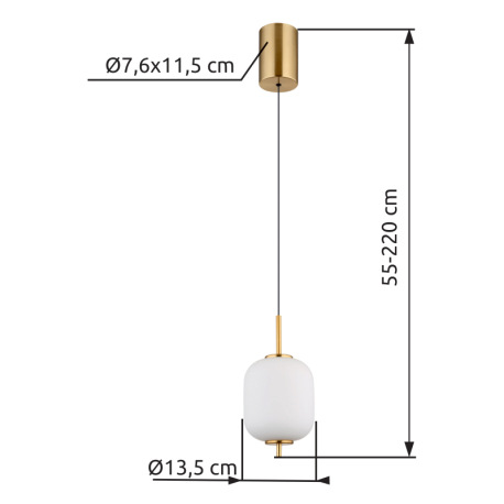 Závesné svietidlo, kov mosadznej farby, biele sklo, čierny PVC kábel, ø: 135 mm, V: 2200 mm, nastavi 6