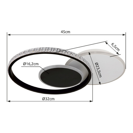 Stropné svietidlo, matný biely kov, matný čierny kov, akryl biely, číre plastové krištále, DxŠxV: 45 18