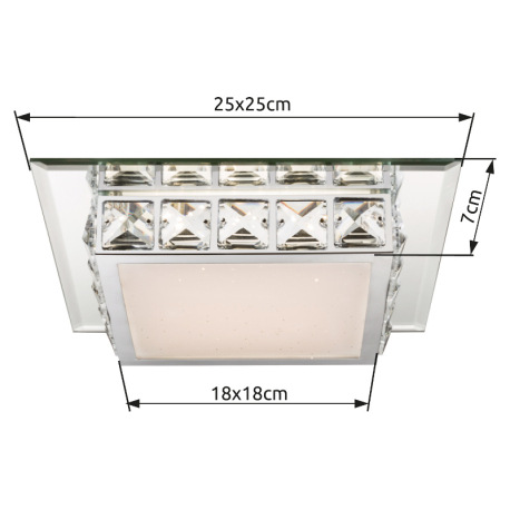 Stropné svietidlo, chróm, sklo biele, K5 krištály číre, zrkadlový okraj, DxŠxV: 250x250x70, vrátane 8
