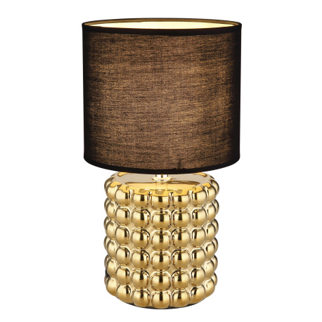 Stolná lampa keramická zlatej farby, textil čierny, kábel PVC čierny, kolískový vypínač na kábli, ø:
