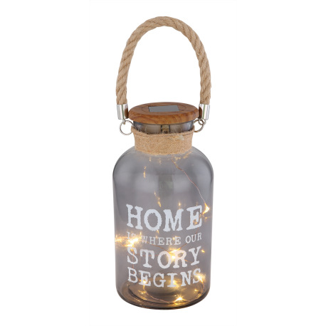 Solárne svietidlo, plast so vzhľadom dreva, priehľadné sklo, konopné lano hnedé, na zavesenie alebo