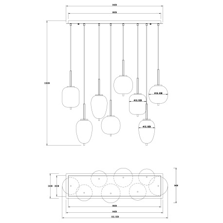 Závesné svietidlo, kov čierny, mosadz, dymové sklo, DxŠxV:1025x340x1200mm, bez žiaroviek 8x E14, max 8
