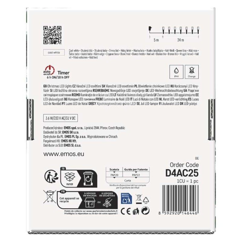 LED vianočná reťaz, 24 m, vonkajšia aj vnútorná, studená biela, programy, časovač 11