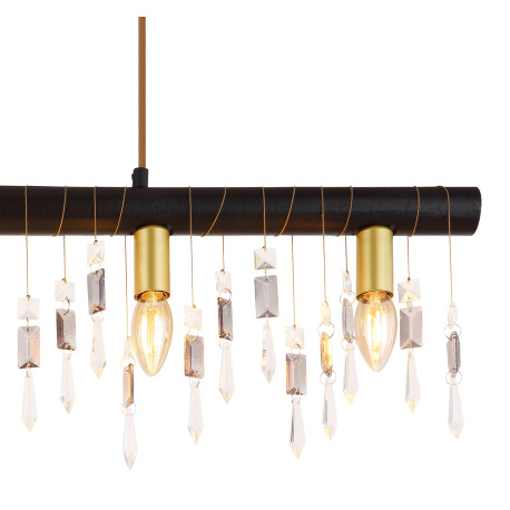 Závesné svietidlo, kov čierny, drevo čierne, sklenené krištále, textilný kábel šampaň, DxŠxV:900x60x 6