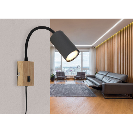 Nástenné svietidlo, kov grafit/čierny/vzhľad dreva, čierny PVC kábel, s vypínačom, Flexo, ŠxV:70x440 7