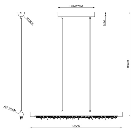Závesné svietidlo kov čierny matný, drevo prírodej farby, akrylové kryštály číre, textilný kábel čie 20