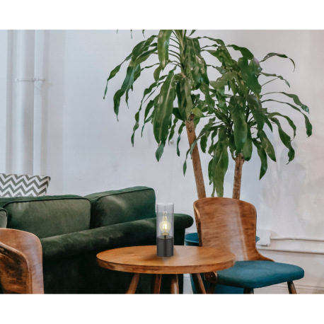 Stolová lampa, kov čierny, dymové sklo, textilný čierny kábel, dotykový zapínač On/Off, ø: 90mm, V:3 1