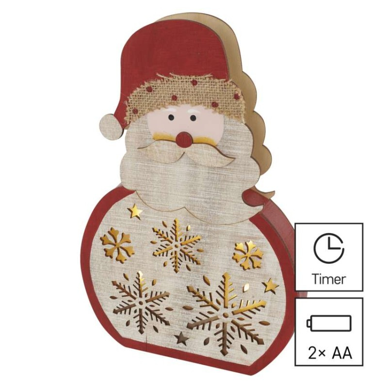 LED dekorácia drevená – Santa, 30 cm, 2x AA, vnútorná, teplá biela, časovač 4