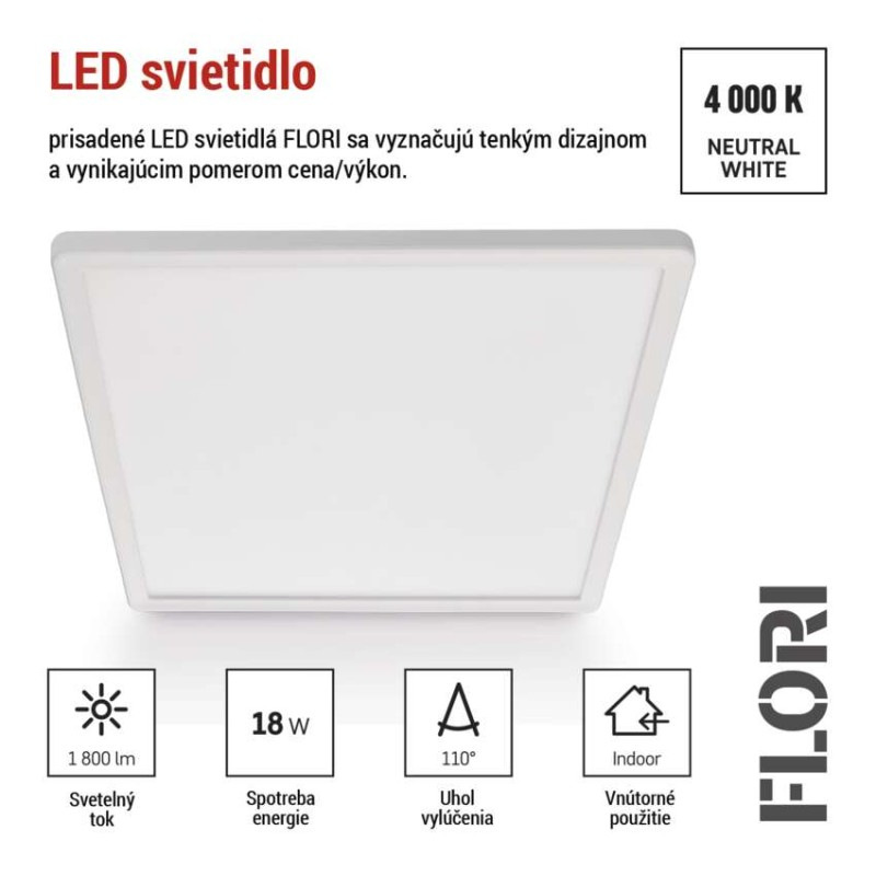LED prisadené svietidlo FLORI štvorcový, biele, 18W, neutrálna biela 3