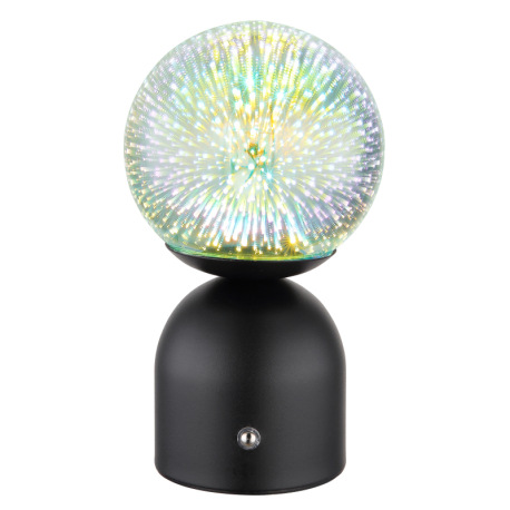 Nabíjateľná stolová lampa, kov čierny matný, sklo priehľadné 3D efekt, kábel PVC biely, dotykové zap 3