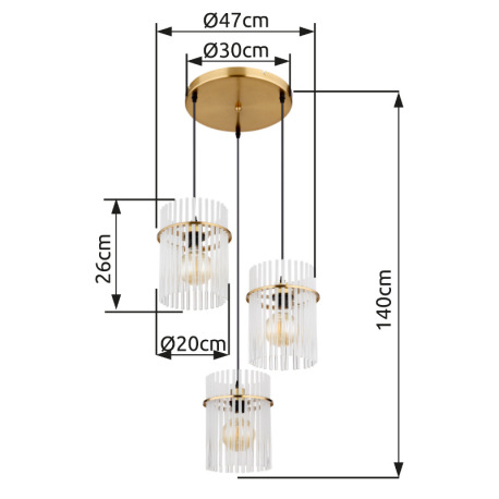 Závesné svietidlo, kov zlatej farby, sklenené tyče biele, priehľadné, kábel PVC čierny, výškovo nast 18