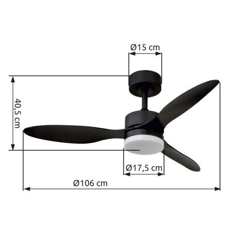 Stropný ventilátor, kov čierny, plast biely/čierny, stmievateľný, niekoľko úrovní pomocou nástenného 11