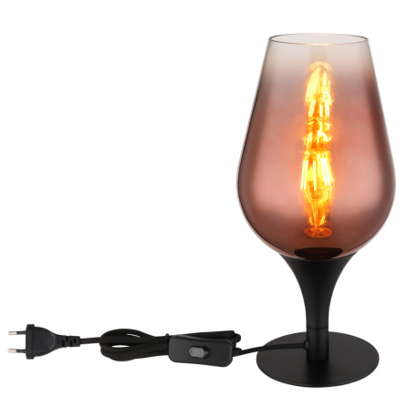 Stolové svietidlo, kov čierny, sklo medenej farby, priehľadné, textilný kábel čierny, kolískový vypí 9