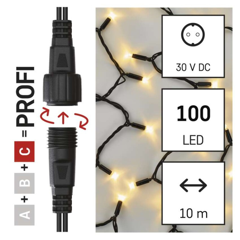 Profi LED spojovacia reťaz čierna, 10 m, vonkajšia aj vnútorná, teplá biela, časovač 1