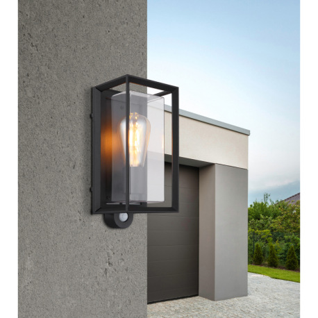 Vonkajšie svietidlo, matný čierny hliník, číry plast, senzor súčasťou balenia, IP44, ŠxV: 130x280mm, 8