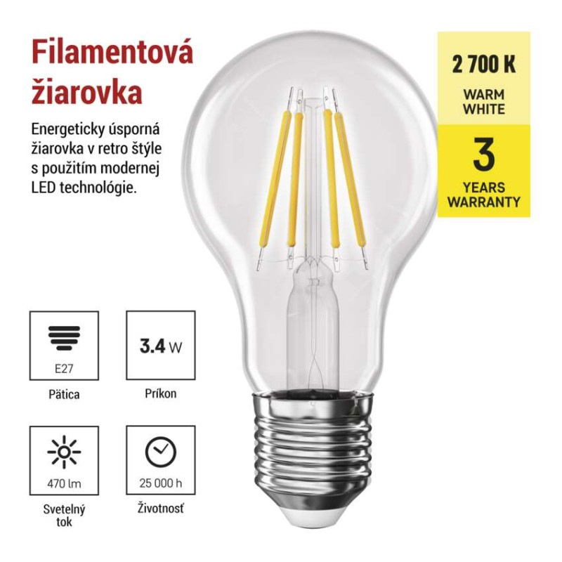 LED žiarovka Filament A60 / E27 / 3,4 W (40 W) / 470 lm / Teplá biela 1