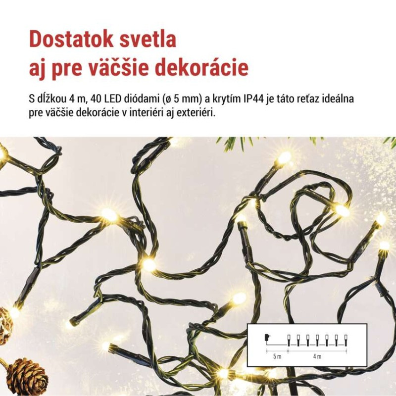 LED vianočná reťaz, 4 m, vonkajšia aj vnútorná, teplá biela, programy, časovač