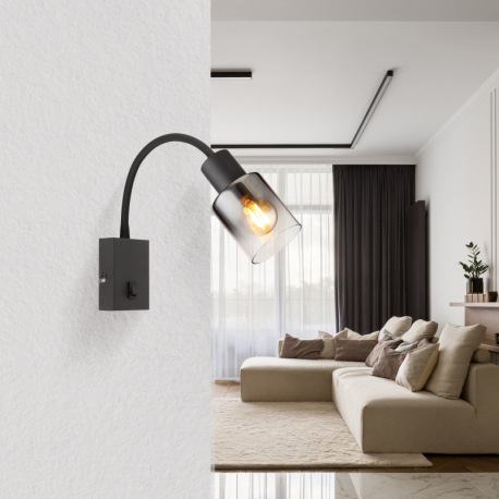 Nástenné svietidlo, kov čierny matný, dymové sklo s prechodom do priehľadného skla, silikón čierny m 9