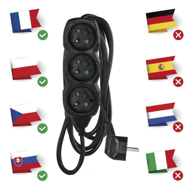 Predlžovací kábel – 3 zásuvky, 3m, čierny 1