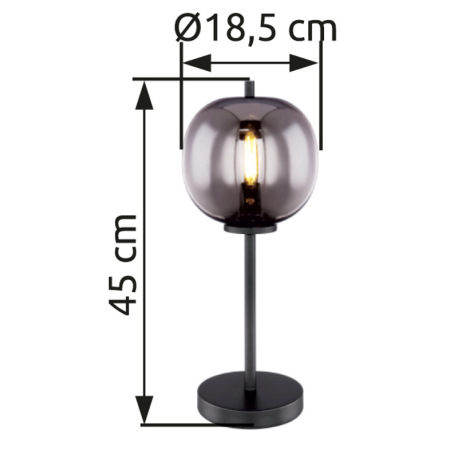 Stolová lampa, čierny kov, dymové sklo, vypínač, Ø 185, V: 450, bez žiarovky 1xE14, max. 40W 230V 5