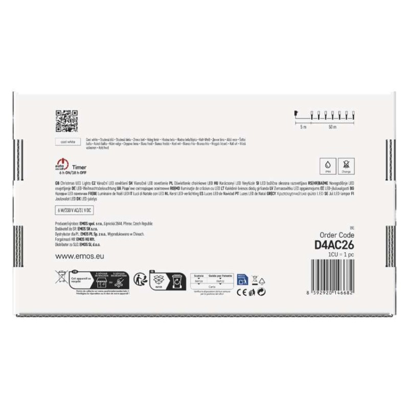 LED vianočná reťaz, 50 m, vonkajšia aj vnútorná, studená biela, programy, časovač 13