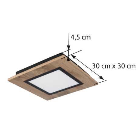 Stropné svietidlo kov čierny matný, MDF imitácia dreva, plast biely, DxŠxV: 300x300x45mm, LED 12W 23 10
