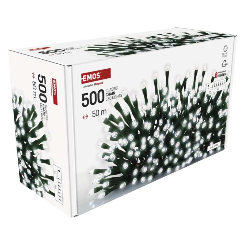 LED vianočná reťaz, 50 m, vonkajšia aj vnútorná, studená biela, programy, časovač 14