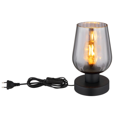 Stolové svietidlo, kov čierny, sklo dymovej farby, kábel PVC čierny, kolískový vypínač na kábli, ø: 2