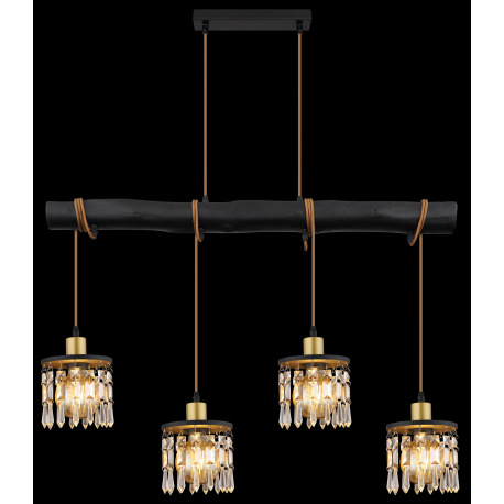 Závesné svietidlo, mosadz, drevo čierne, sklenené krištále, textilný kábel hnedý, nastaviteľná výška 5