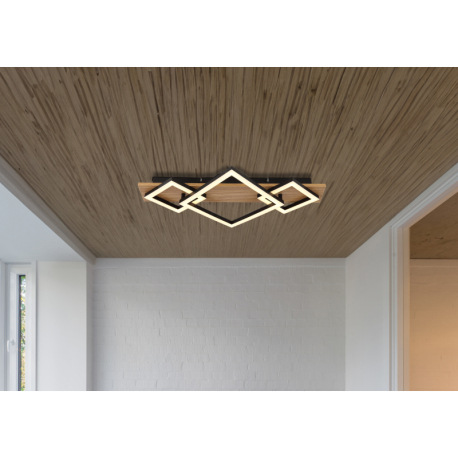 Stropné svietidlo, matný čierny kov, MDF s imitáciou tmavého dreva, plast čierny, plast biely, DxŠxV 8