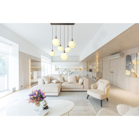 Závesné svietidlo, kov farba kávy, sklo biele, textilný kábel čierny, 2 veľkosti skiel, DxŠxV: 860x4 9