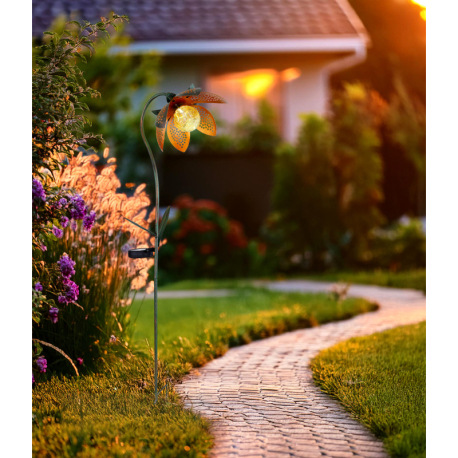 Solárne svietidlo, kov zelený a zlatý, imitácia prasknutého skla jantár, kvet, zapichovací hrot do z 8