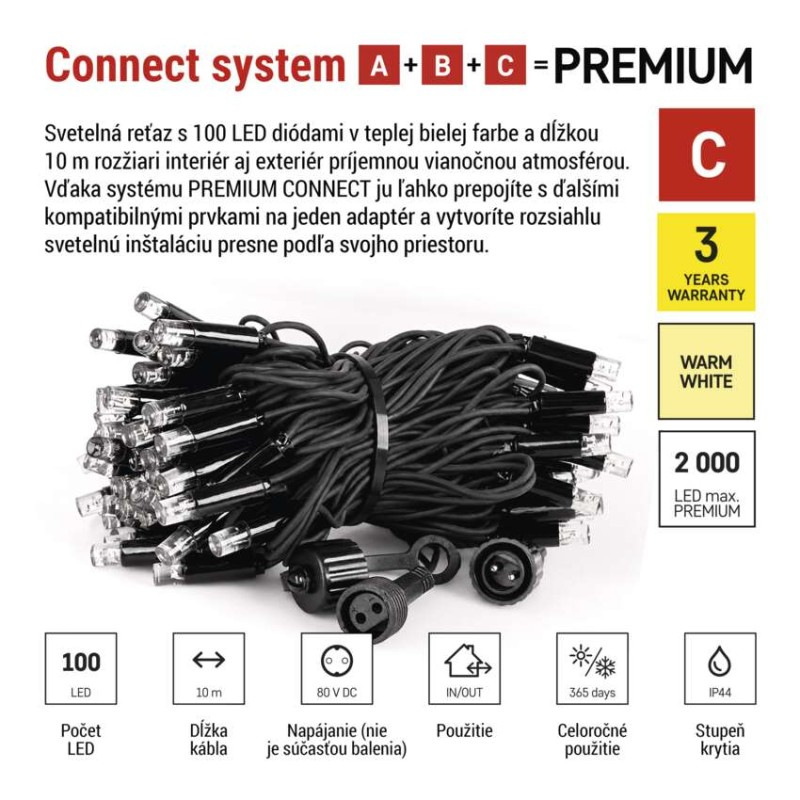 Premium LED spojovacia reťaz čierna, 10 m, vonkajšia aj vnútorná, teplá biela, časovač