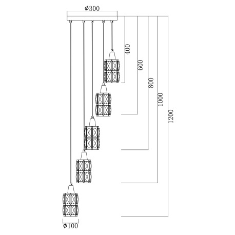 Závesné svietidlo, nikel matný, chróm, sklenené krištále, Ø300, V:1200, bez žiaroviek 5xE14, max. 40 10